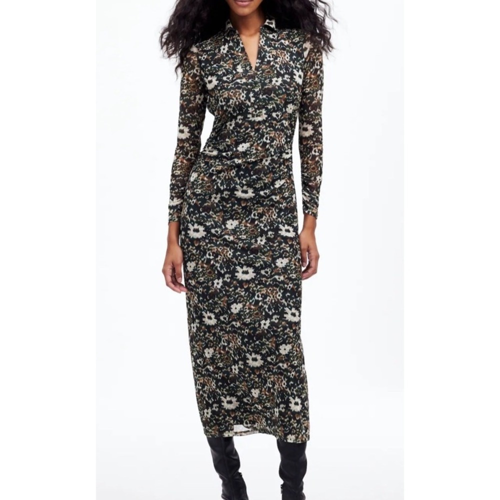 Madewell LARGE Long Sleeve Midi Dress Floral Mossy Umber Mesh Stretch Bodycon